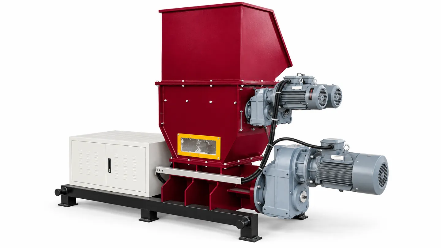 Drive-end view of the EPS hot melt machine showing the crusher motors and main drive