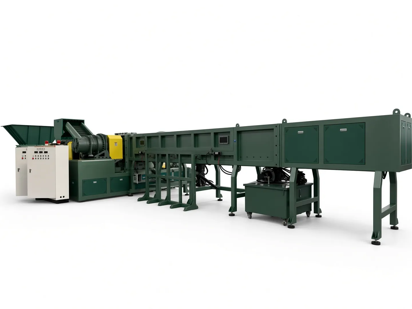 Horizontal large-diameter pipe shredder line with long hydraulic infeed